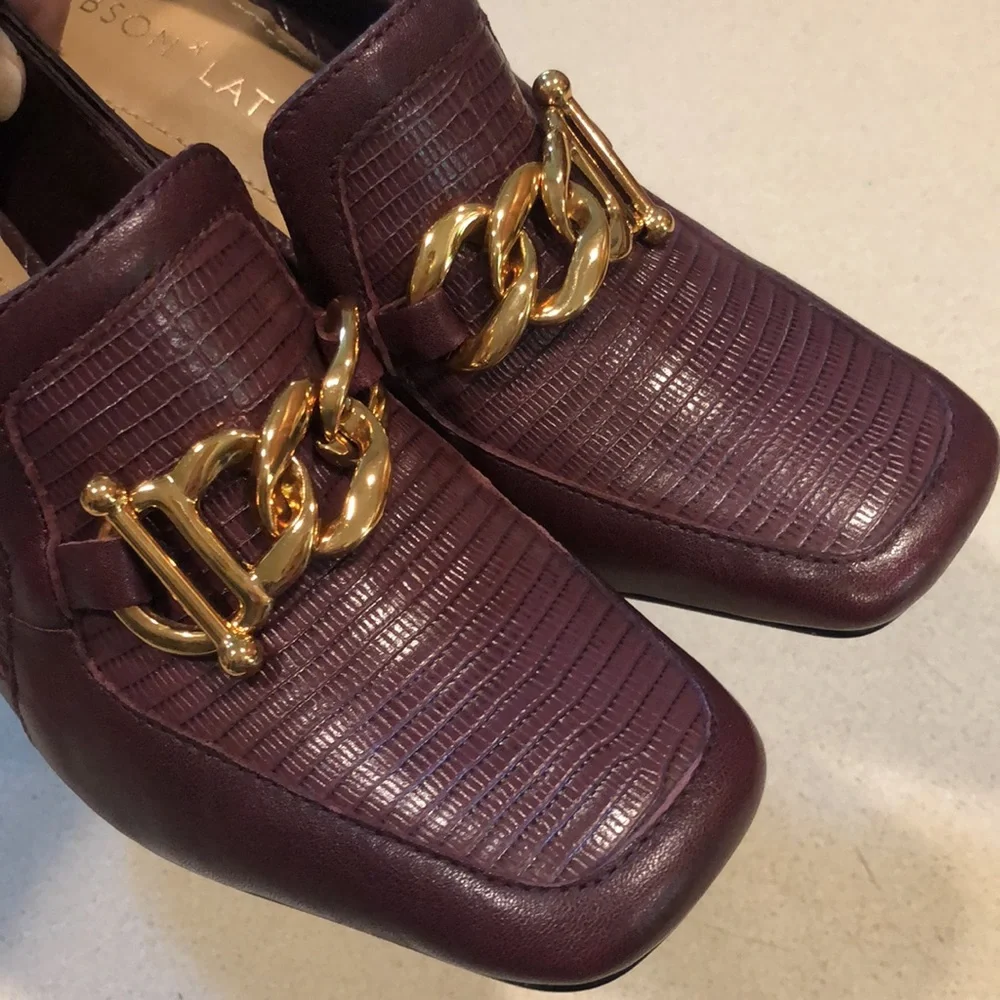 GIBSON & LATIMER RITAH LIZARD EMBOSSED GOAT LEATHER BLOCK HEELS DARK RED SIZE 7